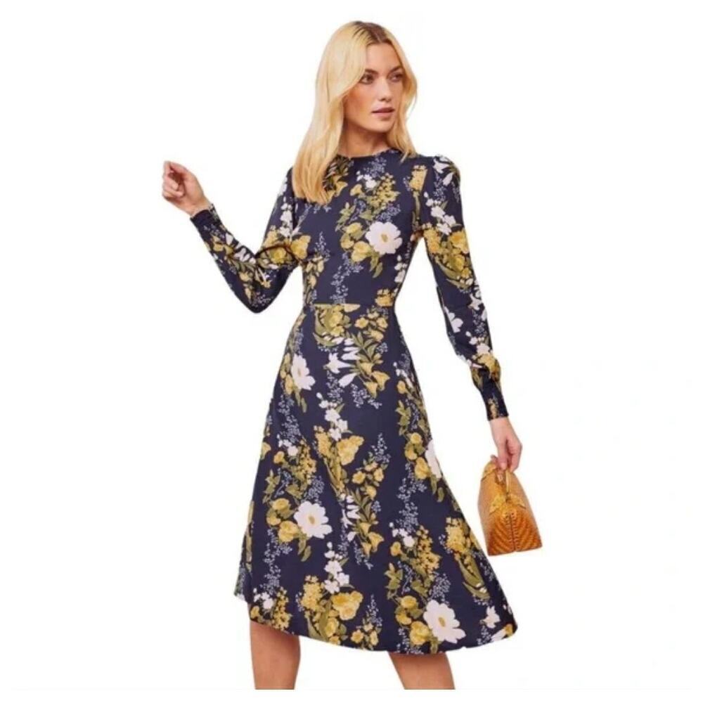Reformation Kellan Dress in Graciella Yellow Blue Floral Midi Casual Size 2